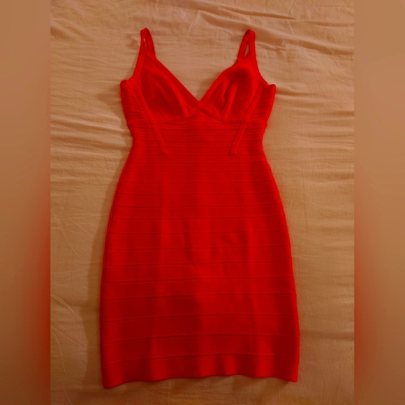 Coral Poppy HERVE LEGER v-neck Scarlett Mini Bandage Dress S Sexy Bodycon Short - Picture 3 of 13